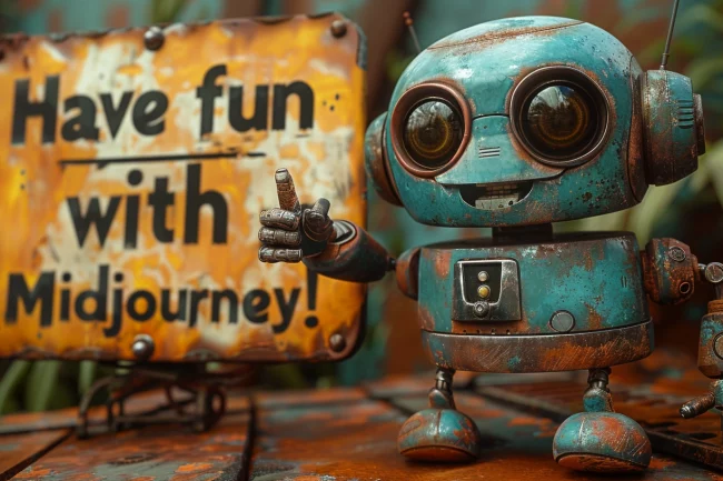 Roboter mit einem Schild "Have fun with Midjourney!"