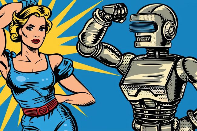 LinkedIn Posts erstellen Custom GPT, Frau und Roboter